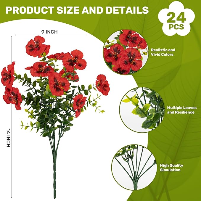 24 Pcs Artificial Fake Pansy Flowers for Outdoor,Faux Silk Plants Flowers UV Resistant Pansies Spring Flowers for Planter Front Door Porch Yard Patio Garden Window Box Home Decor(Red)
