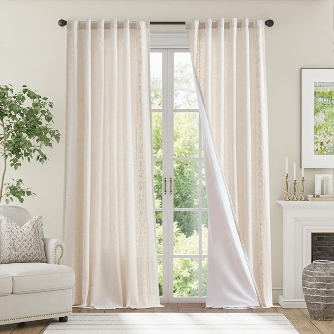 jinchan Weslie Boho Lined Linen Curtains for Living Room Ivory Vintage Floral Farmhouse Curtains 108 Inches Long Linen Drapes for Bedroom Embroidered Extra Long Drapes Ivory on Beige 2 Panels