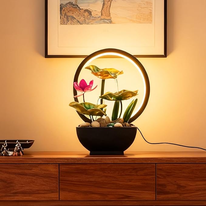 AOZITA Tabletop Fountain, Indoor Waterfall Fountain, Small Home Décor Zen Relaxation Soothing Sound Machine for Office, Living Room, or Bedroom, Green Metal Lotus with Flower, River Rocks, Round LED
