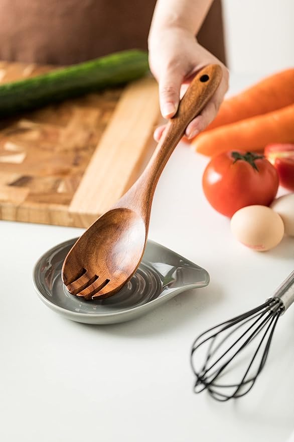 LAUCHUH Spoon Rest, 5 inch Large Spoon Holder for Stove Top Heat-Resistant Ceramic Spoon Rest for Kitchen Counter, Spoons, Ladles, Tongs, Farmhouse Kitchen Decor, Spatula Holder Set of 2, Grey