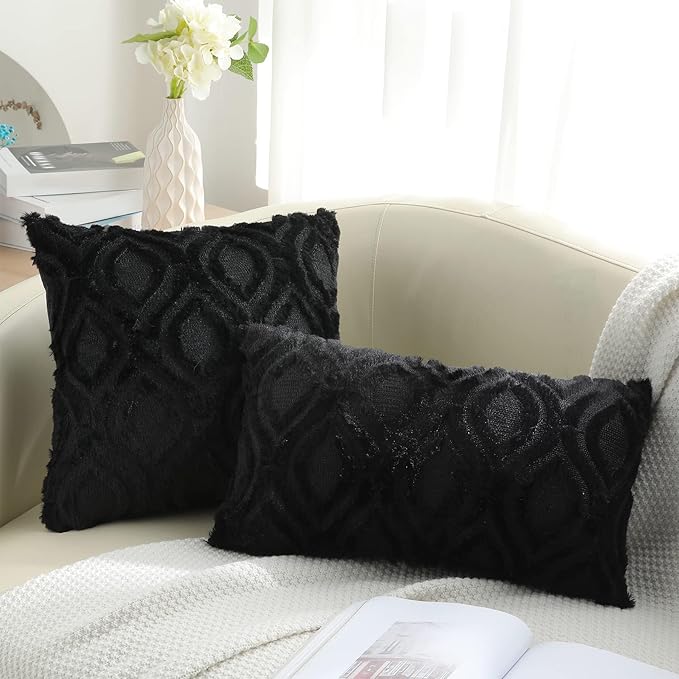 decorUhome Throw Pillow Covers 18x18 Inch Set of 2, Soft Plush Faux Wool Black Solid Couch Pillow Covers, Accent Farmhouse Neutral Square Pillow Cases for Sofa Bed Living Room