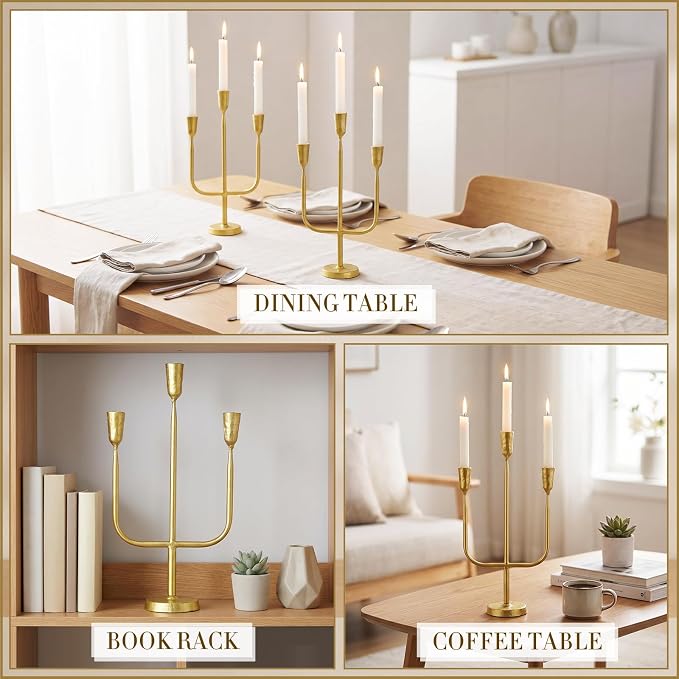 2 Pcs 16 Inch 3 Arm Metal Candelabra Cast Iron Taper Candelabra Vintage Tall Candle Holder Decorative Candlestick Holder for Wedding Antique Table Centerpiece & Mantel Decor (Gold)