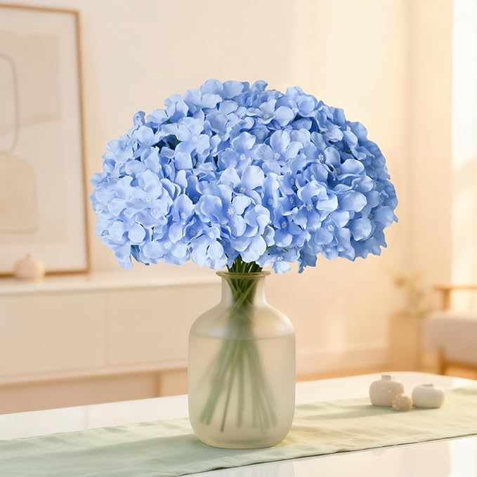 65Pcs Blue Hydrangea Artificial Flowers Bulk，Realistic Silk Fake Flowers with Stems，Faux Hydrangea Flowers for Wedding Home Decor Centerpieces Living Room Garden Party Baby Shower Decoration