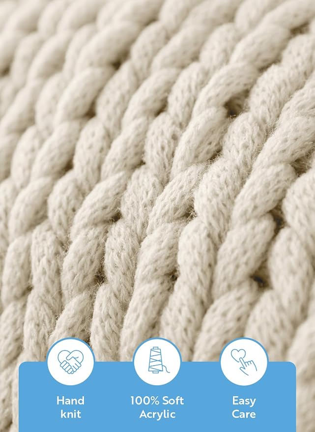 Linen Market Beddings Oversized Chunky Knit Throw Blanket Acrylic Hypoallergenic - 47'' x 59'' Cozy Home Accent for Snuggling, Lounging, and Stylish Décor (Ivory)