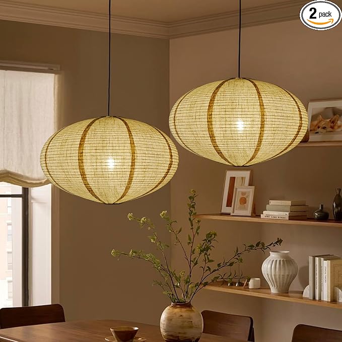 METHEDEECO 2 Pack Oval Hanging Lamp Shades, 20 Inch Faux Linen Fabric Pendant Light Covers, Foldable lantern shades Only, Nature Beige Minimalist Decor for Living Room Bedroom Dining Room
