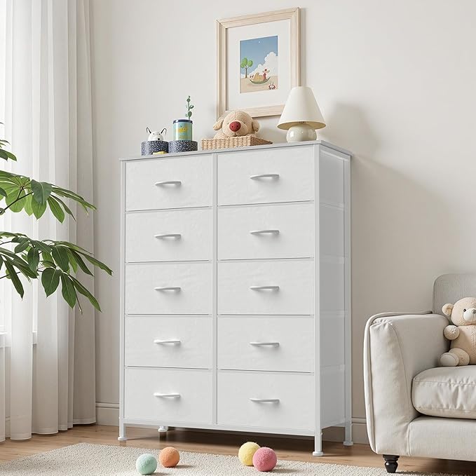 Sweetcrispy White Dresser for Bedroom, 10 Drawer Tall Dresser, Fabric Storage Tower with Bins, Chest Organizer Unit for Bedroom Closet, Hallway, Steel Frame Wood Top, Easy Pull Handle