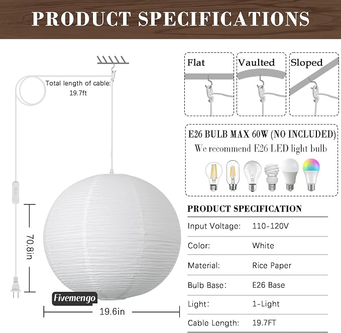 Paper Lantern Lamp Plug in Hanging Lamp, 20in White Rice Paper Pendant Light with 19.7FT Cord Large Globe Japanese Japandi Wabi Sabi Chandelier for Dining Living Room Bedroom Office 1 Pack