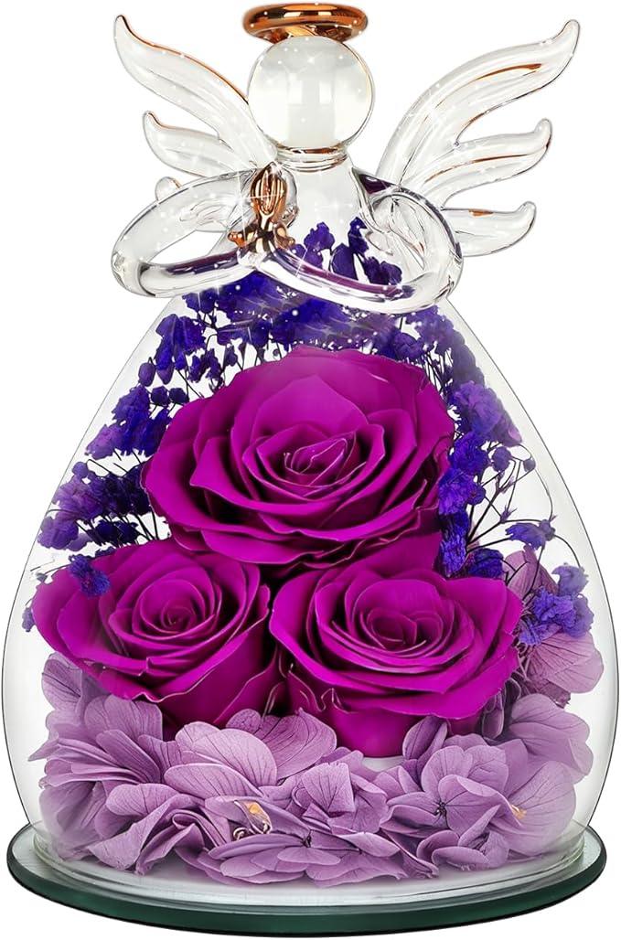 Mothers Day Birthday Gifts for Mom Women, Preserved Eternal Rose Forever Flower in Glass Angel Figurine, Fresh Flowers for Delivery, Unique Gift for Grandma Nana Wife Mum from Daughter Son