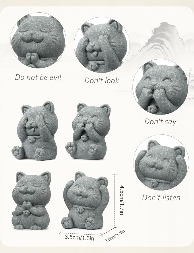 4 Piece Cute Cat Figurine Set, Sandstone See no Evil,Hear no Evil,Speak no Evil,Do no Evil Statues, Zen Desk/Garden Decor, Adorable Kitty Accents for Home Office