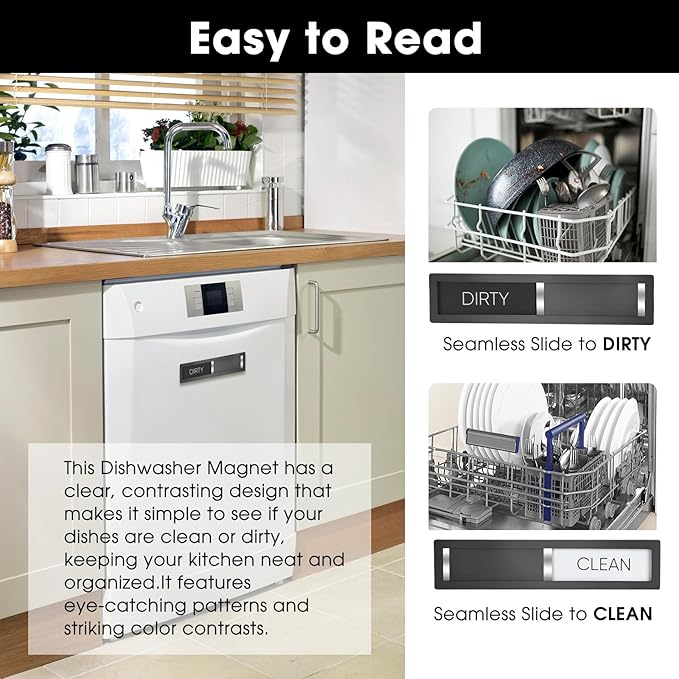 Dishwasher Magnet Clean Dirty Sign, HYF DESIGN Grade 304 Stainless Steel, Non-Scratch/Easy to Read & Slide/Strong Clean Dirty Magnet for Dishwasher, Extra Adhesive Tapes Included(Black-04)