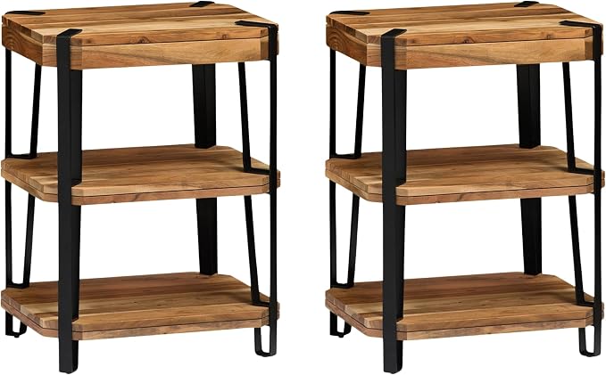 Ryegate Live Edge Modern End Tables Set of 2-3-Tier Acacia Wood Nightstands with Storage Shelves and Metal Legs - 17" Narrow Side Table Set for Living Room or Bedroom by Alaterre Furniture (Natural)