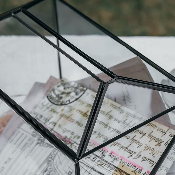 NCYP Small Wedding Glass Cards Box with Slot and Lock, 10.2 x 5.9 x 7.9 Inch, Black Geometric Cards Holder for Birthdays Party Reception, Wishing Well - Slot Length 6.3'' (Glass Box Only)