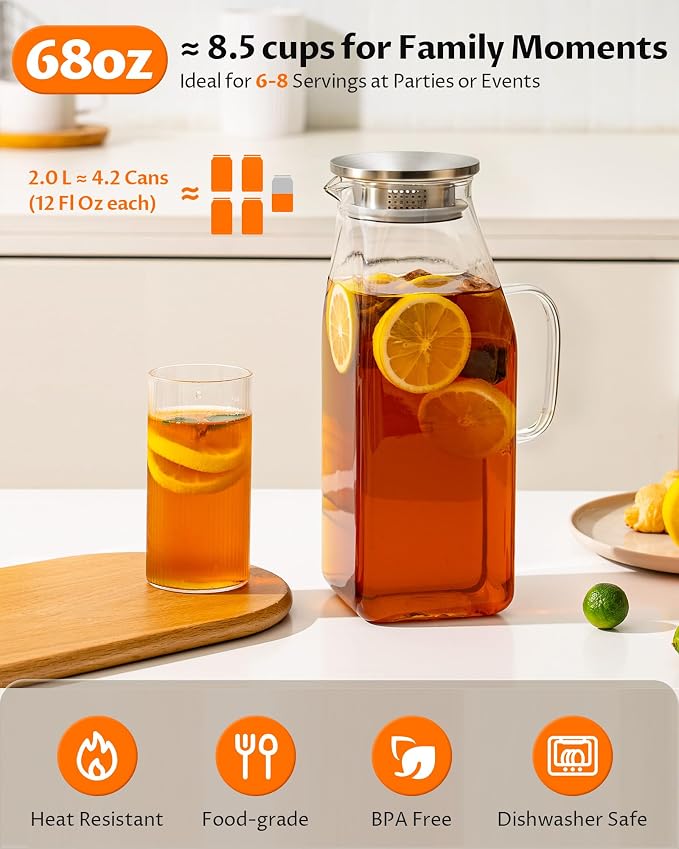 68oz Borosilicate Glass Pitcher with Lid and Handle – Square Water Carafe with Filter Spout for Hot & Cold Drinks, Iced Tea, Juice, and Fridge Storage