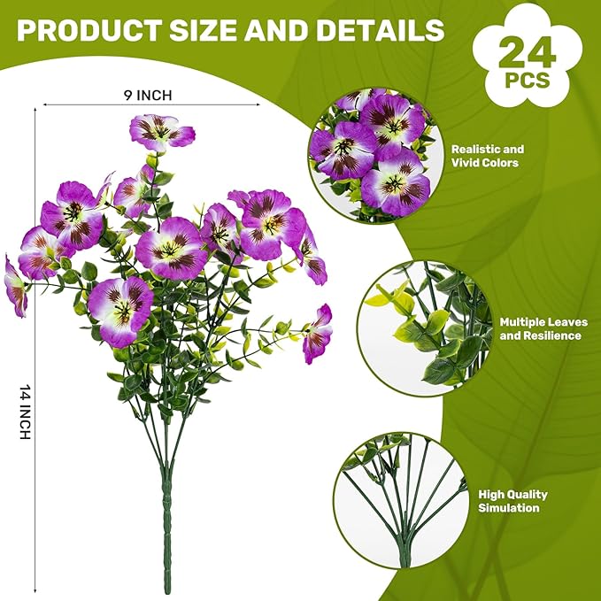 24 Pcs Artificial Fake Pansy Flowers for Outdoor,Faux Silk Plants Flowers UV Resistant Pansies Spring Flowers for Planter Front Door Porch Yard Patio Garden Window Box Home Decor(Red Lotus)