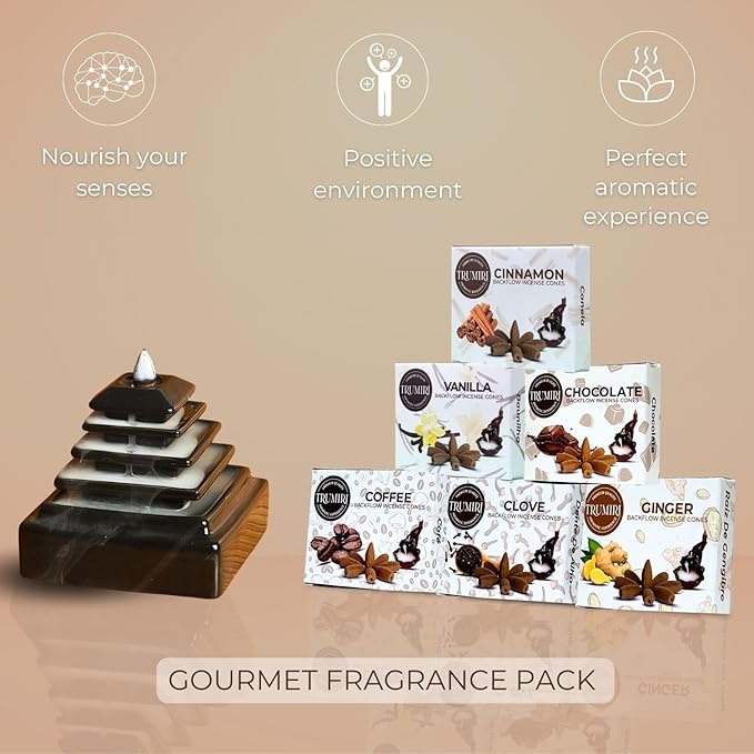 Gourmet - Backflow Incense Cones for Waterfall - Scented Inscents-Cones - Cinnamon, Vanilla, Coffee, Chocolate, Clove, Ginger - Insiensos Aromaticos - 6x10=60 Large Variety Pack