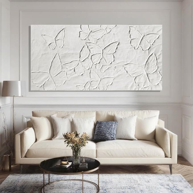 SHEYOYE White Minimalist Wall Art | Canvas Painting, Butterfly Modern Abstract Art Wall Decor for Bedroom, Living Room and Office Hallway Wall Decor 24" x 48"