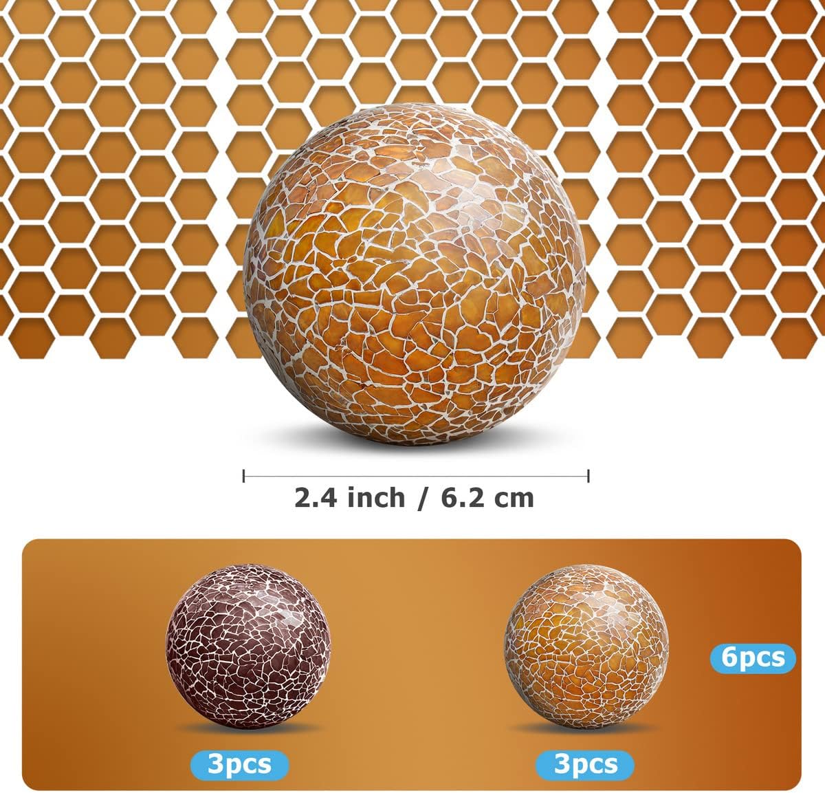 6 PCS 2.5inch Round Glass Mosaic Sphere Balls Set Living Room Table Bowls Vases Home Centerpieces Decorative Orbs Christmas Thanksgiving Wedding Party