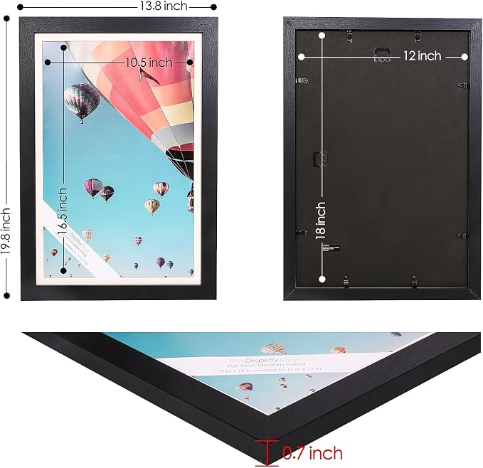The Display Guys - Black Wooden Minimalist Picture Frames Set - Tempered Glass - 12x18 matted to 11x17 - Wall Hanging - 4-Pack