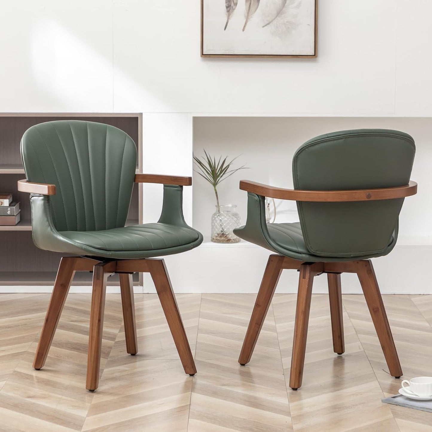 LUNLING Swivel Dining Chairs, Mid Century Modern Green Faux Leather Kitchen Chairs with Arms,Bamboo Legs Side Chairs No Wheels,Accent Chair for Dining Rooms and Offices,1PCS
