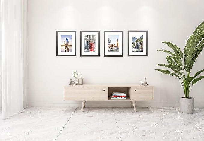 The Display Guys - Black Wooden Minimalist Picture Frames Set - Tempered Glass - 12x16 matted to 8x12 - Wall Hanging - 4-Pack