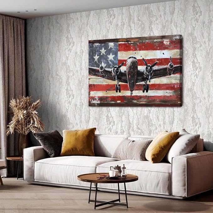 Vintage American Flag Airplane Wall Art Old Engine Aircraft Pictures for Living Room Retro Propeller Wall Decor Poster Aviation Canvas Prints Modern Artwork Bedroom Office Home Decorations 32x48"