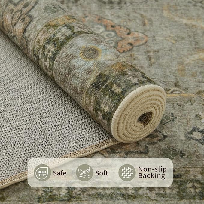 Rugxara 8x10 Area Rugs for Living Room Bedroom, Large Washable Rug, Vintage Floral Boho Rug, Non Slip & Low Pile Faux Wool Thin Carpet for Indoor Dining Room and Kids Room(Olive Brown 8x10ft)
