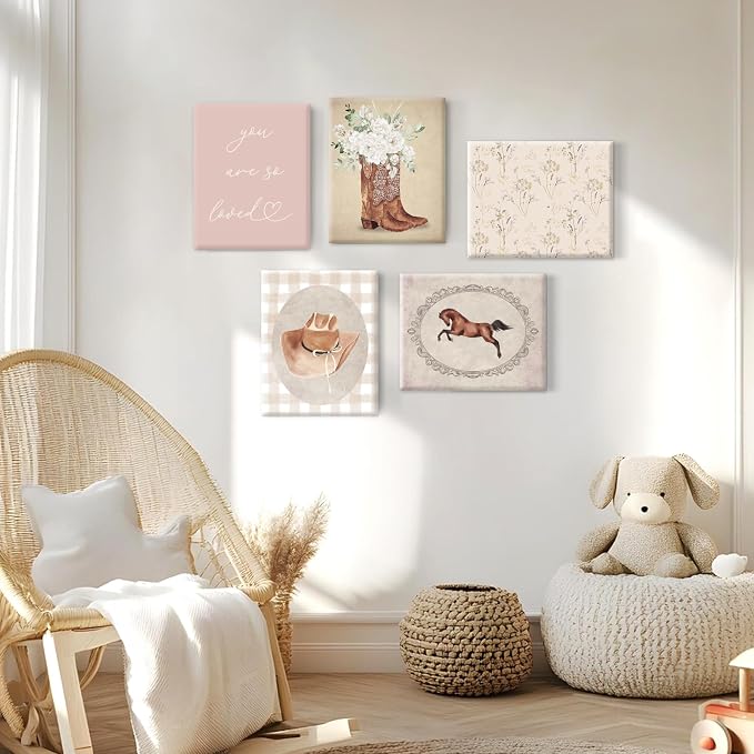Cowgirl Nursery Wall Art Coquette Western Girl Poster Vintage Horse Floral Canvas Pictures Aesthetic Pink Preppy Room Wall Decor Rustic Cowgirl Prints for Girls Bedroom 12x16x5 Inch Framed