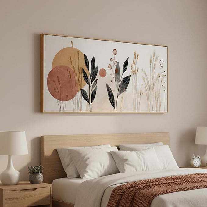 Sorbrozo Abstract Botanical Wall Art 20x40 Inch Framed Canvas Print with Geometric Circles and Leaves Modern Minimalist Decor for Living Room & Bedroom
