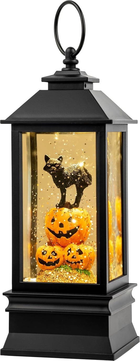 Halloween Snow Globe Lantern Water Glittering Spooky Witch' s Black Cat in Pumpkins with Music, USB Lined/Battery Operated Lighted Lantern for Halloween Festival Decoration Gifts