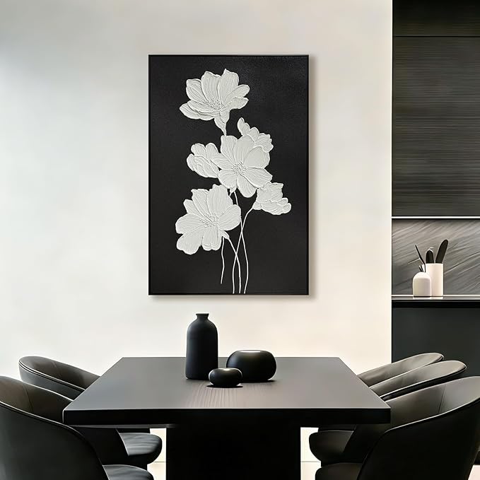 SAFERRYHOME White Flower Hand Painted Wall Art, Large Modern Floral Framed Canvas Wall Decor, 3D Texture Flower Oil Painting Nature Artwork for Home Office Living Room Hallway, 24"x36"