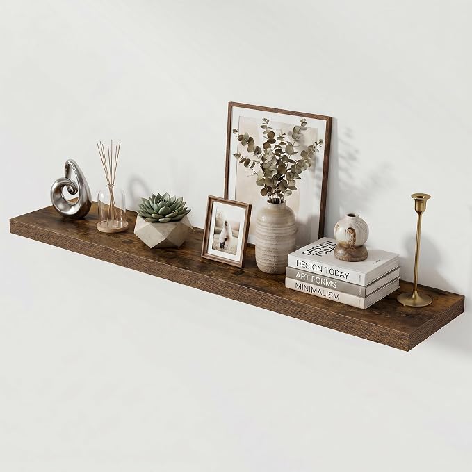55 Inch Floating Shelves for Wall,12 Inch Deep Wall Shelves for Bathroom,Living Room,Bedroom,Decor,Floating Shelf with Invisible Heavy Duty Metal Bracket,Deep Long Shelf Wall Mounted,Rustic Brown