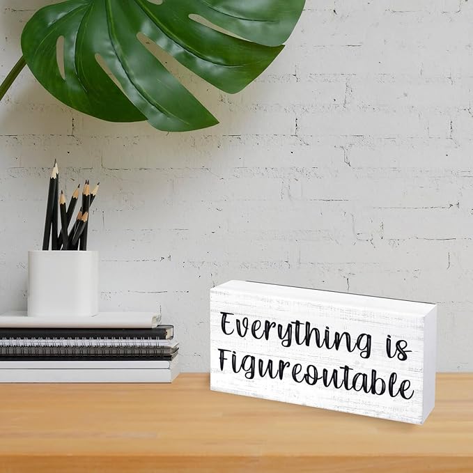 Esur Home Office Desk Decor - Inspirational Farmhouse Wooden Box Sign - Everything is Figureoutable(White)