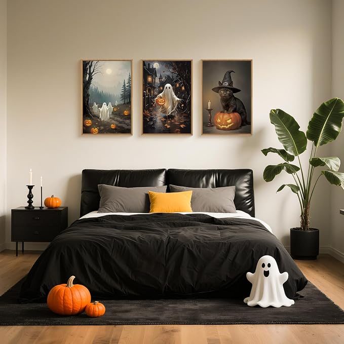 Spooky Halloween Ghost Lighted Pumpkin Framed Canvas Wall Art Set,Gothic Inspired Cute Black Cat Witch Hat Wall Decor,Vintage Foggy Forest Castle Artwork for Living Room, Bedroom-24 x36 x3