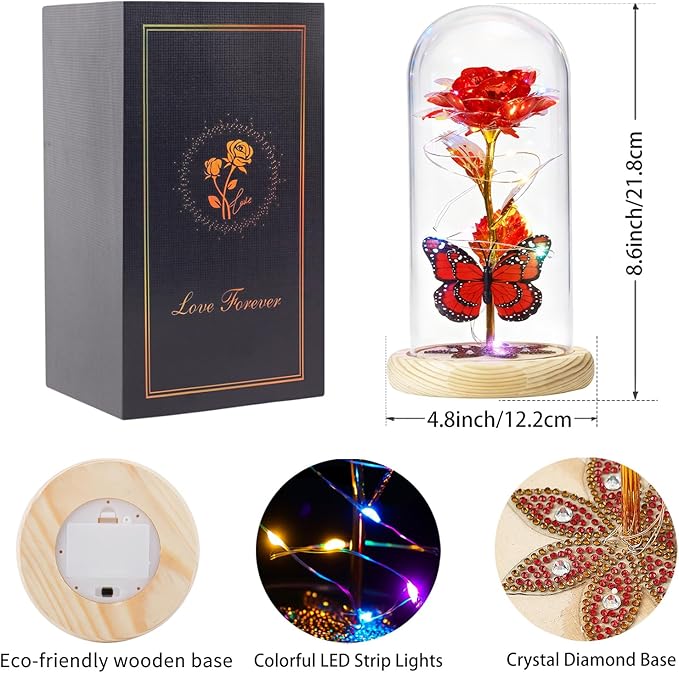 Beferr Birthday Gifts for Women Galaxy Glass Rose Forever Preserved Flowers for Delivery Light Up Rose in Glass Dome Mothers Day Butterfly Gifts for Mom Wife Grandma Her Daughter Girlfriend