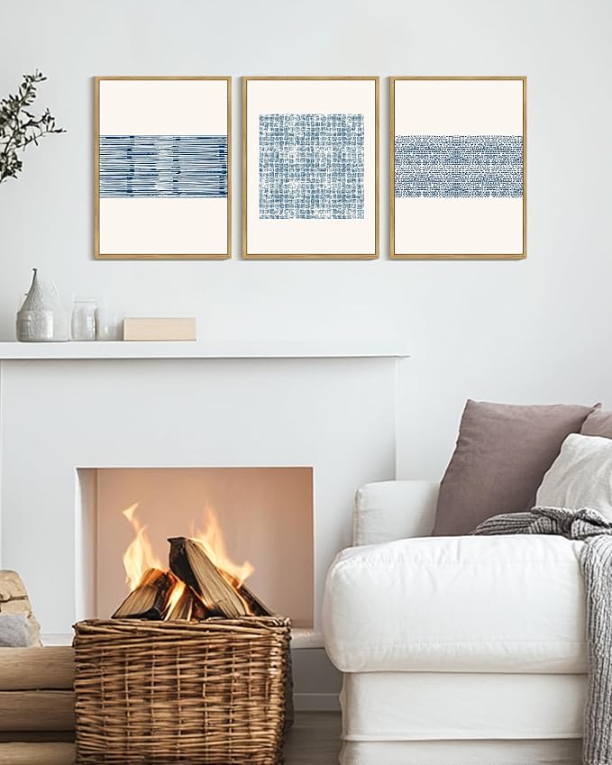 PHOPAGO Blue Abstract Framed Wall Art Modern Boho Neutral Line Wall Decor Bohemain Minimalist Geometric Artwork Home Decor - 12x16in Natural Framed