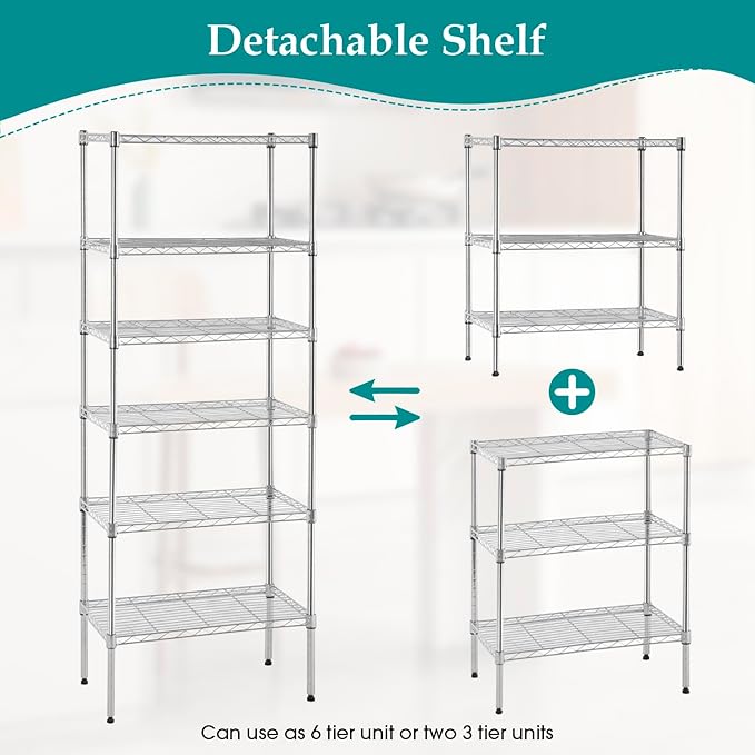 PayLessHere | 6-Tier Wire Shelf | 23"x13"x59" | Chrome | Adjustable Racks | Heavy-Duty Storage Shelves, Holds Upto 1500 lbs | Rust-Resistant, No-Tool Assembly | for Home, Garage Shelving