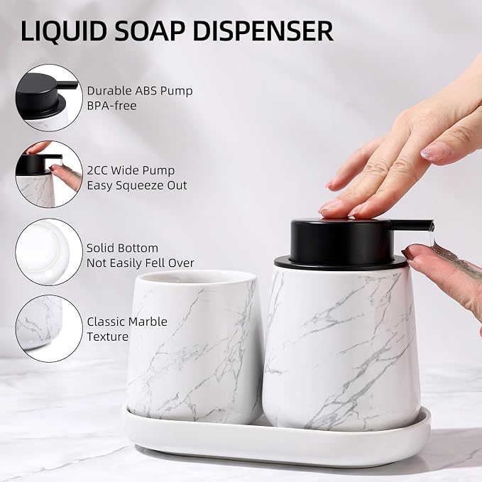 BosilunLife Ceramic Bathroom Accessories Set 3 Pcs, Liquid Soap Dispenser and Toothbrush Holder with Tray, Modern Farmhouse Vanity Decor, Narble Pattern Housewarming Gift (Marble-Liquid)