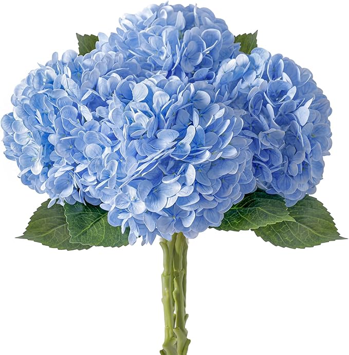4 Pcs Artificial Hydrangea Silk Flowers with Stems, 19.7" Blue Faux Hydrangeas Bouquet, 240 Petals, UV Resistant & Waterproof Fake Flower for Outdoor Wedding Home Decor