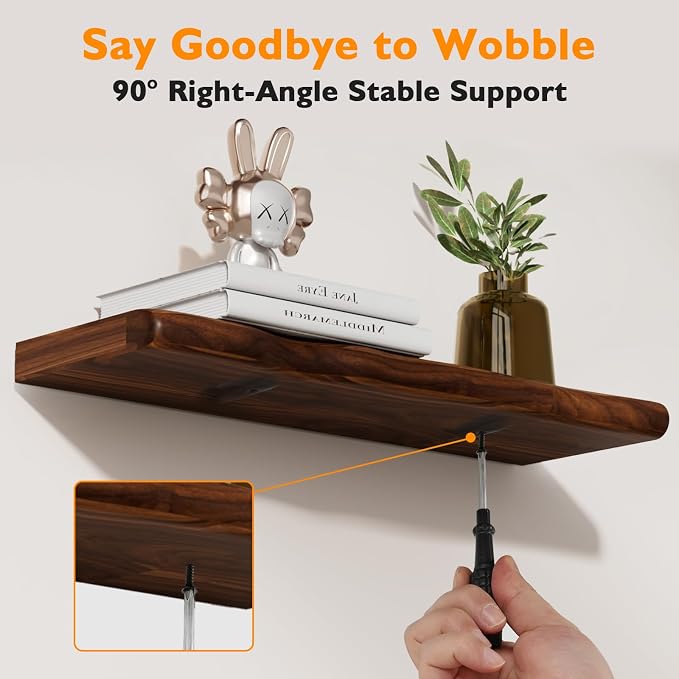 Solid Wood Live Edge Floating Shelves Set of 1 – 55" Rustic Wall Shelf with Hidden Bracket System, Wall Mounted Shelves for Bathroom, Kitchen, Living Room, Bedroom (Walnut)