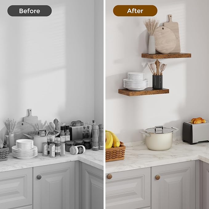 Floating Shelves for Wall, 16 inch Shelves Rustic Wooden Wall Shelves for Storage & Organizer, Deep Farmhouse Shelves for Bathroom Living Room Kitchen Bookshelf, 16 x 9.3 x 1.5 in, 2 Packs