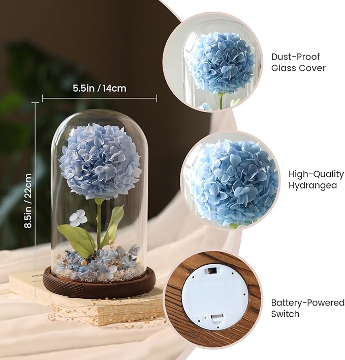 Forever Hydrangeas in Glass Dome,Forever Preserved Flowers Gifts Mothers Day Birthday for Grandma Women Mom Wife,Fresh Flowers for Delivery/Blue Hydrangea