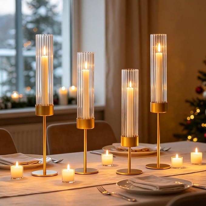 Etolies Gold Glass Hurricane Taper Candle Holders Bulk Set of 6 - Tall Ribbed Glass Cylinder Candlestick Holders for Wedding, Christmas, Party Table Centerpiece Decor,Dining Table,Housewarming Gifts