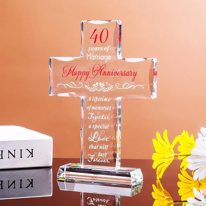 YWHL 40th Wedding Anniversary Cross Gifts for Parents, 40 Years of Marriage Glass Standing Cross Keepsake for Couple, 40 Years Aniversary Decorations for Home Party