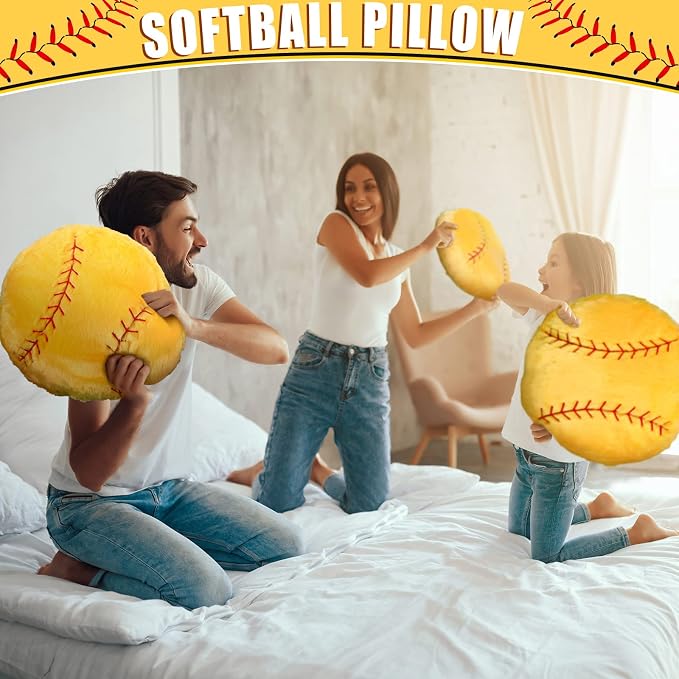 Gerrii 4 Pcs Sports Throw Pillows Basketball Softball Football Soccer Volleyball Tennis Pillow Fluffy Stuffed Plush Cushion Gift for Senior Night Home Bedroom Decor Birthday Present (Softball)