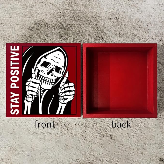 Gothic Skull Decor - Stay Positive Skulls Sign for Home Office Desk Accessories - 5 x 5 Inches (Red)