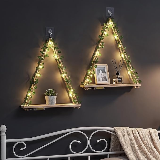 RICHER HOUSE Floating Shelves for Wall, Set of 2 Macrame Hanging Shelf with Artificial Ivy & LED Lights, Boho Room Decor for Bedroom Living Room
