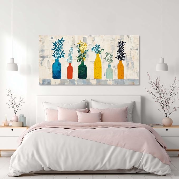 Ggaafet Bright Colorful Botanical Wall Art for Living Room Canvas Oil Painting Prints Beautiful Boho Vase Art Deco Modern Artwork Office Bedroom Family Dining Room Decor Large