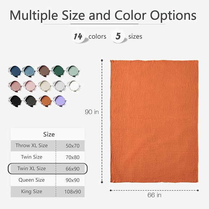 Carriediosa 100% Cotton Muslin Throw Blanket 66" X 90" Twin XL Size，4-Layers Summer Gauze Throws for Bed Couch，Soft Lightweight Breathable Linen Blankets Bedspread for Adults All Season，Orange
