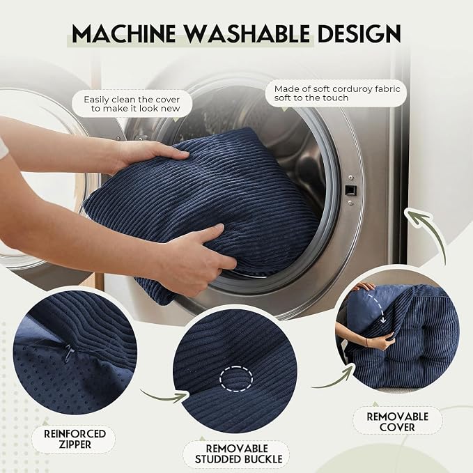 11In Washable Floor Pillow for Adults, Yoga & Meditation Cushion with Handle, Square Large Pillows Seating with Removable Tufted Corduroy Cover for Tatami Living Room Board Games (Blue)