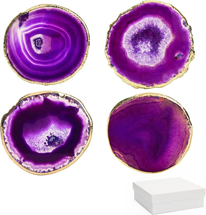 Luxiv Agate Coasters Set of 4 Crystal Drink Coasters with Gift Box (Purple) | Set Of 4 Natural Purple Agate Coasters, 3-4 Inch Crystal Stone With Gold Edge, Gift Box Included For Home Drink And Decor